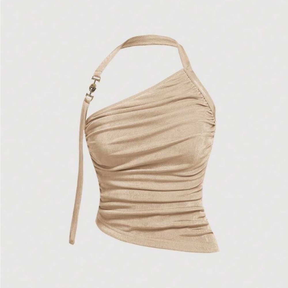 Chic Beige One-Shoulder Ruched Asymmetrical Hem Top